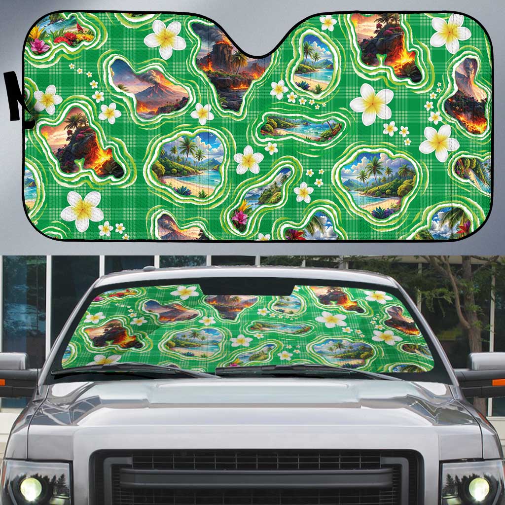 Hawaii Map with Plumeria Flower and Palaka Pattern Auto Sun Shade Tropical Island Green Design
