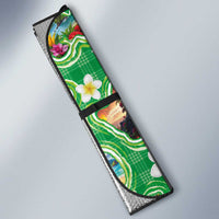 Hawaii Map with Plumeria Flower and Palaka Pattern Auto Sun Shade Tropical Island Green Design