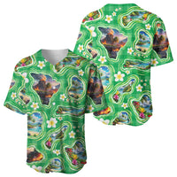 Hawaii Map with Plumeria Flower and Palaka Pattern Baseball Jersey Tropical Island Green Design