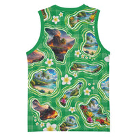Hawaii Map with Plumeria Flower and Palaka Pattern Basketball Jersey Tropical Island Green Design