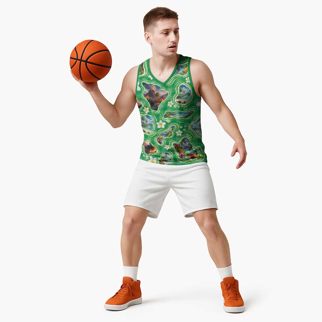 Hawaii Map with Plumeria Flower and Palaka Pattern Basketball Jersey Tropical Island Green Design