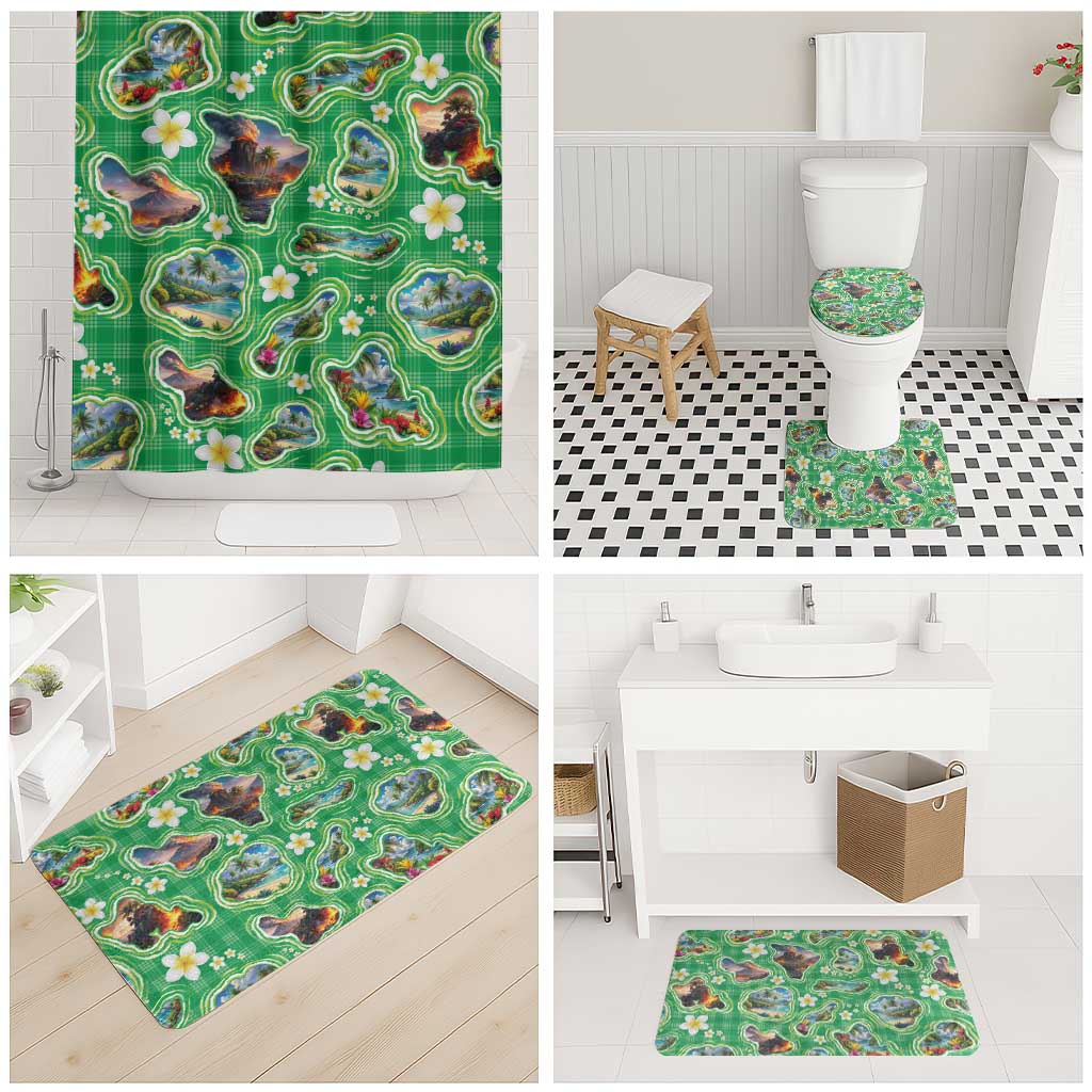 Hawaii Map with Plumeria Flower and Palaka Pattern Bathroom Set Tropical Island Green Design