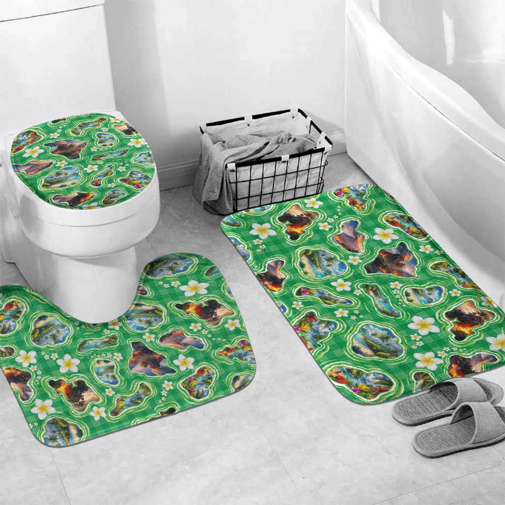 Hawaii Map with Plumeria Flower and Palaka Pattern Bathroom Set Tropical Island Green Design