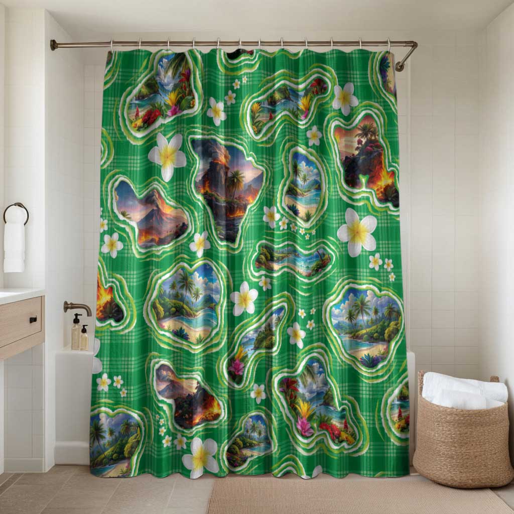 Hawaii Map with Plumeria Flower and Palaka Pattern Bathroom Set Tropical Island Green Design