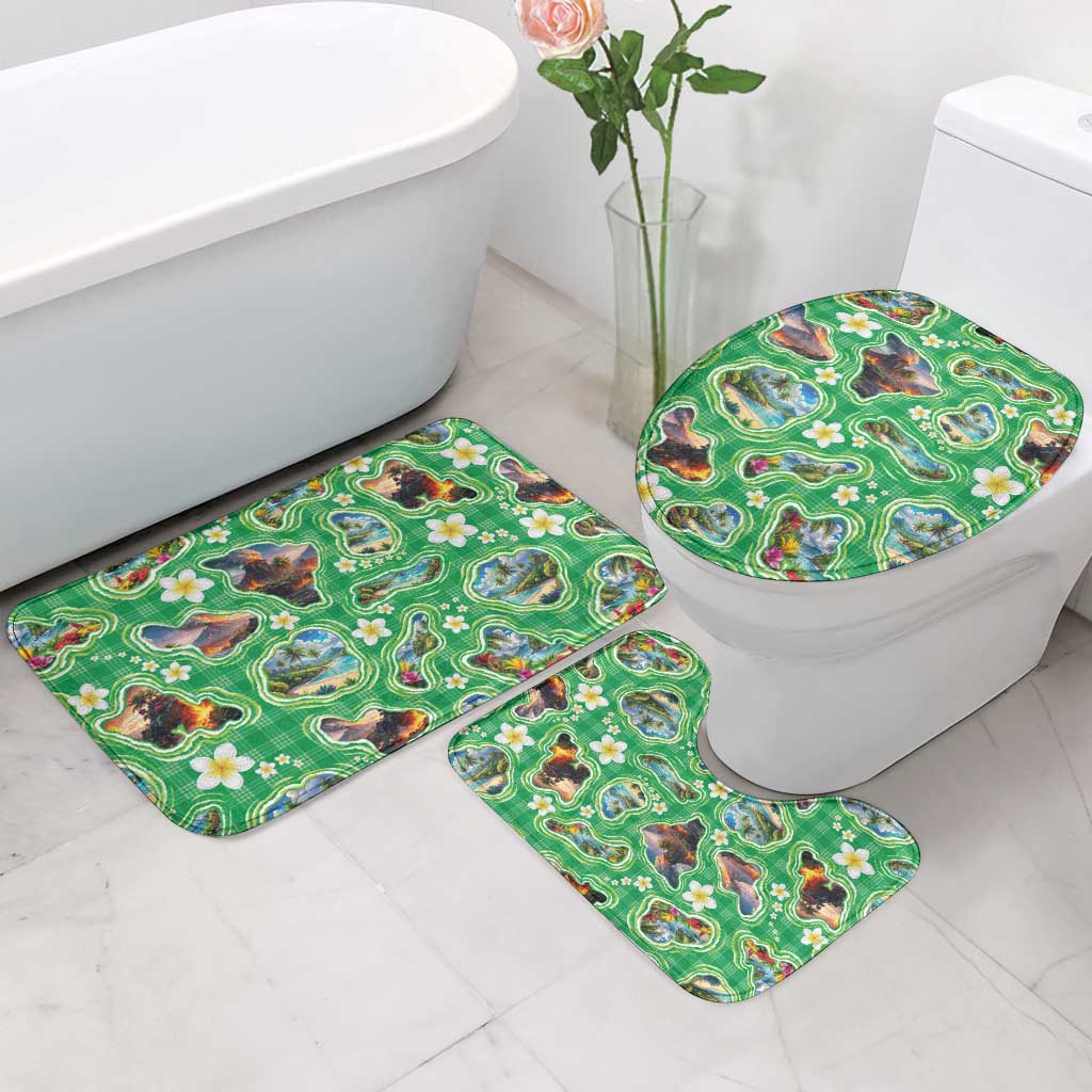 Hawaii Map with Plumeria Flower and Palaka Pattern Bathroom Set Tropical Island Green Design