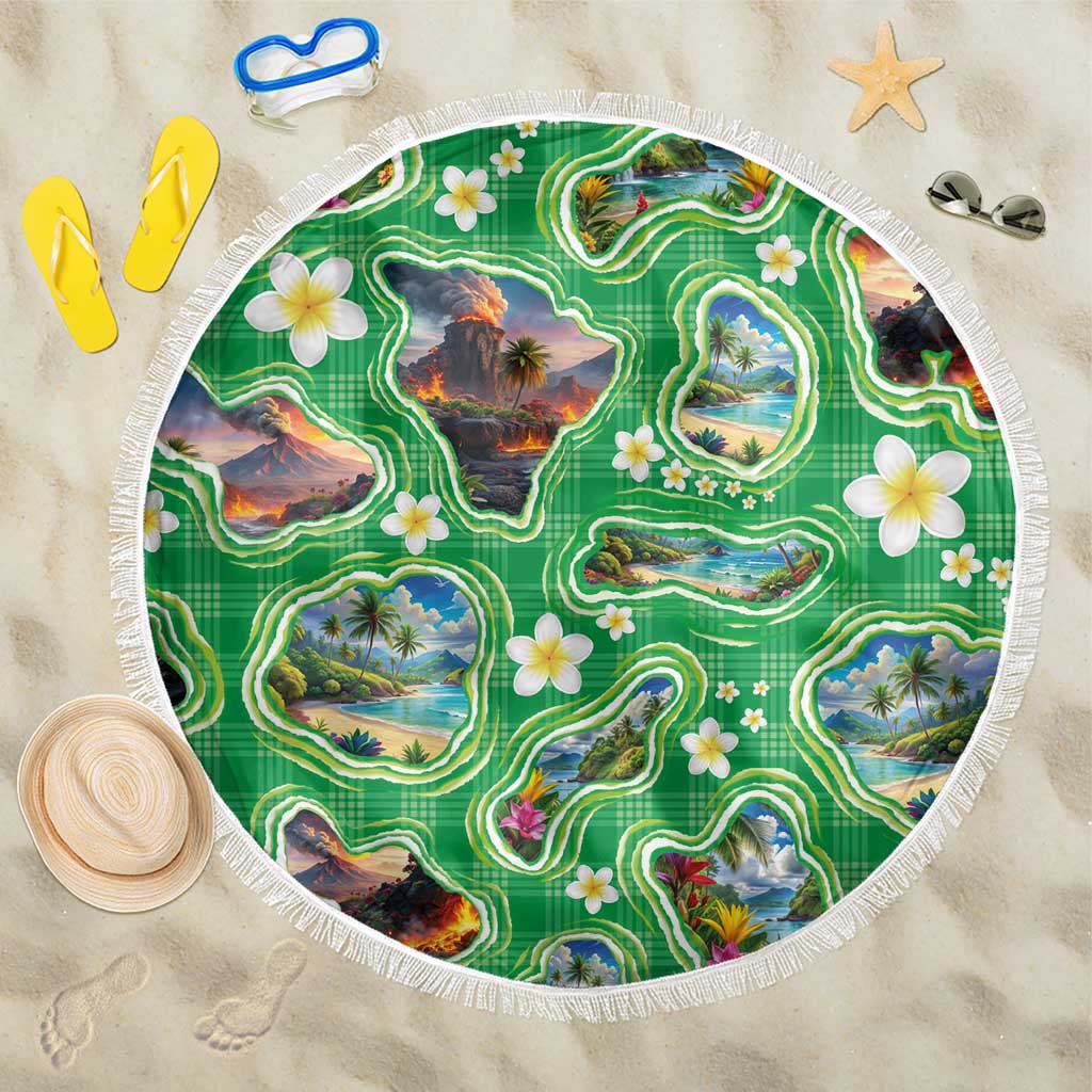 Hawaii Map with Plumeria Flower and Palaka Pattern Beach Blanket Tropical Island Green Design