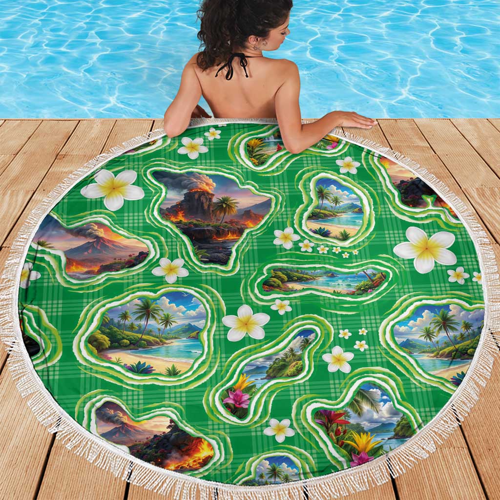 Hawaii Map with Plumeria Flower and Palaka Pattern Beach Blanket Tropical Island Green Design