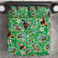 Hawaii Map with Plumeria Flower and Palaka Pattern Bedding Set Tropical Island Green Design