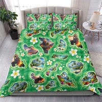 Hawaii Map with Plumeria Flower and Palaka Pattern Bedding Set Tropical Island Green Design