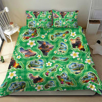 Hawaii Map with Plumeria Flower and Palaka Pattern Bedding Set Tropical Island Green Design