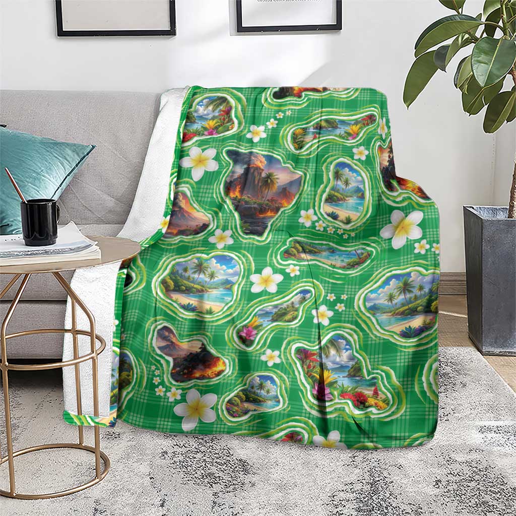 Hawaii Map with Plumeria Flower and Palaka Pattern Blanket Tropical Island Green Design