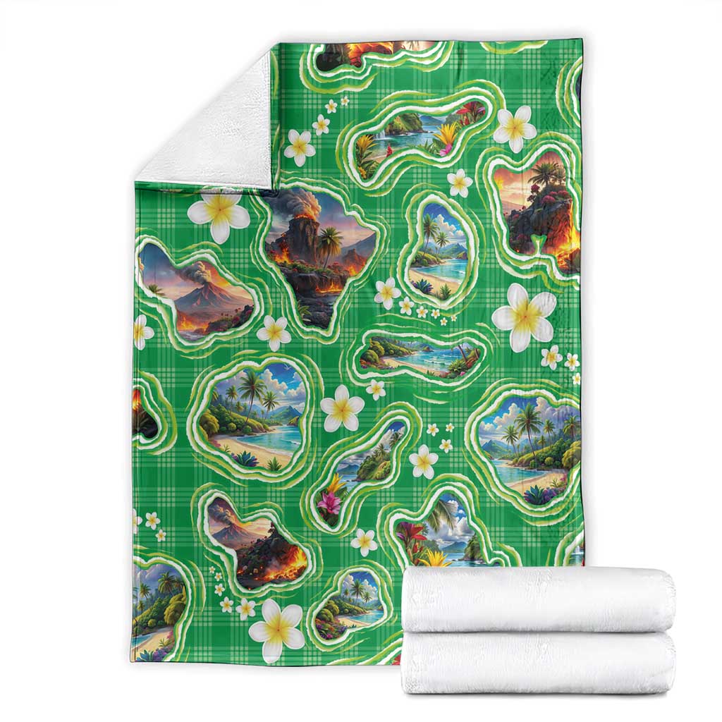 Hawaii Map with Plumeria Flower and Palaka Pattern Blanket Tropical Island Green Design