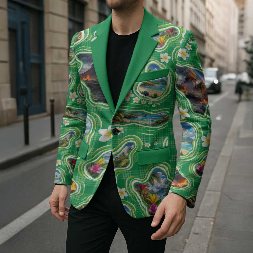 Hawaii Map with Plumeria Flower and Palaka Pattern Blazer Tropical Island Green Design