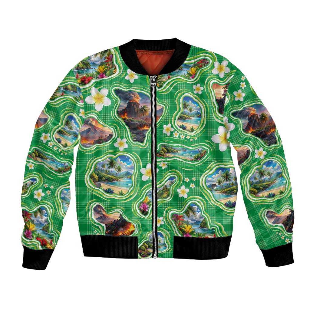 Hawaii Map with Plumeria Flower and Palaka Pattern Bomber Jacket Tropical Island Green Design