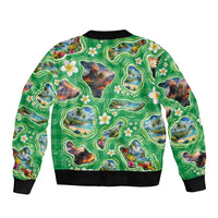 Hawaii Map with Plumeria Flower and Palaka Pattern Bomber Jacket Tropical Island Green Design