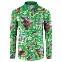 Hawaii Map with Plumeria Flower and Palaka Pattern Button Sweatshirt Tropical Island Green Design