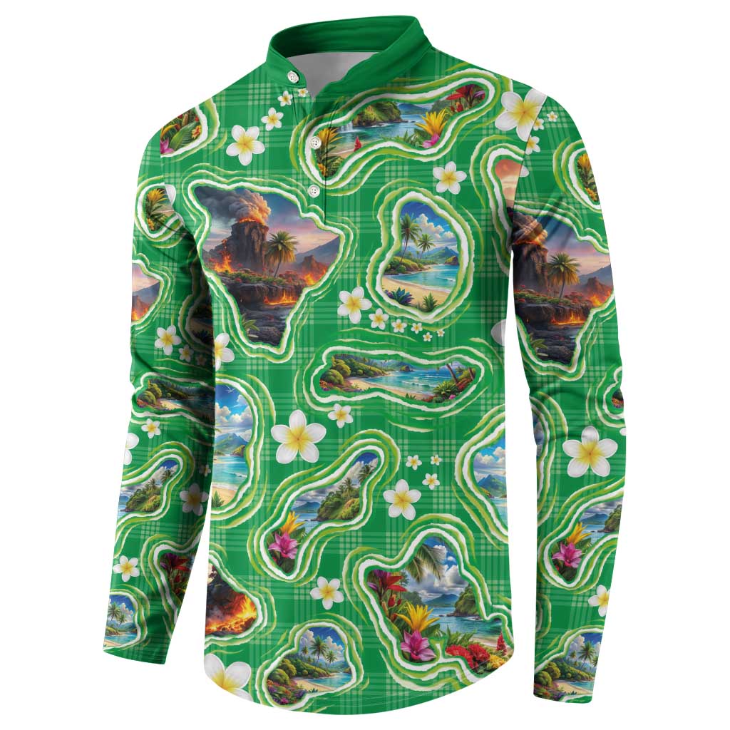Hawaii Map with Plumeria Flower and Palaka Pattern Button Sweatshirt Tropical Island Green Design