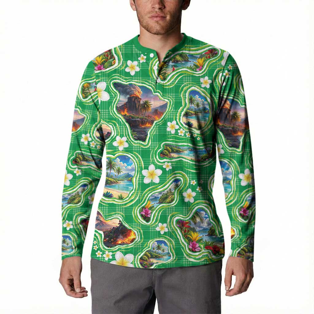 Hawaii Map with Plumeria Flower and Palaka Pattern Button Sweatshirt Tropical Island Green Design