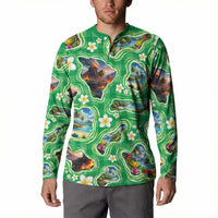 Hawaii Map with Plumeria Flower and Palaka Pattern Button Sweatshirt Tropical Island Green Design