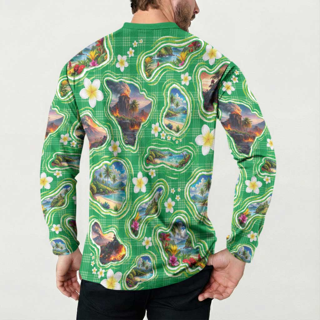 Hawaii Map with Plumeria Flower and Palaka Pattern Button Sweatshirt Tropical Island Green Design