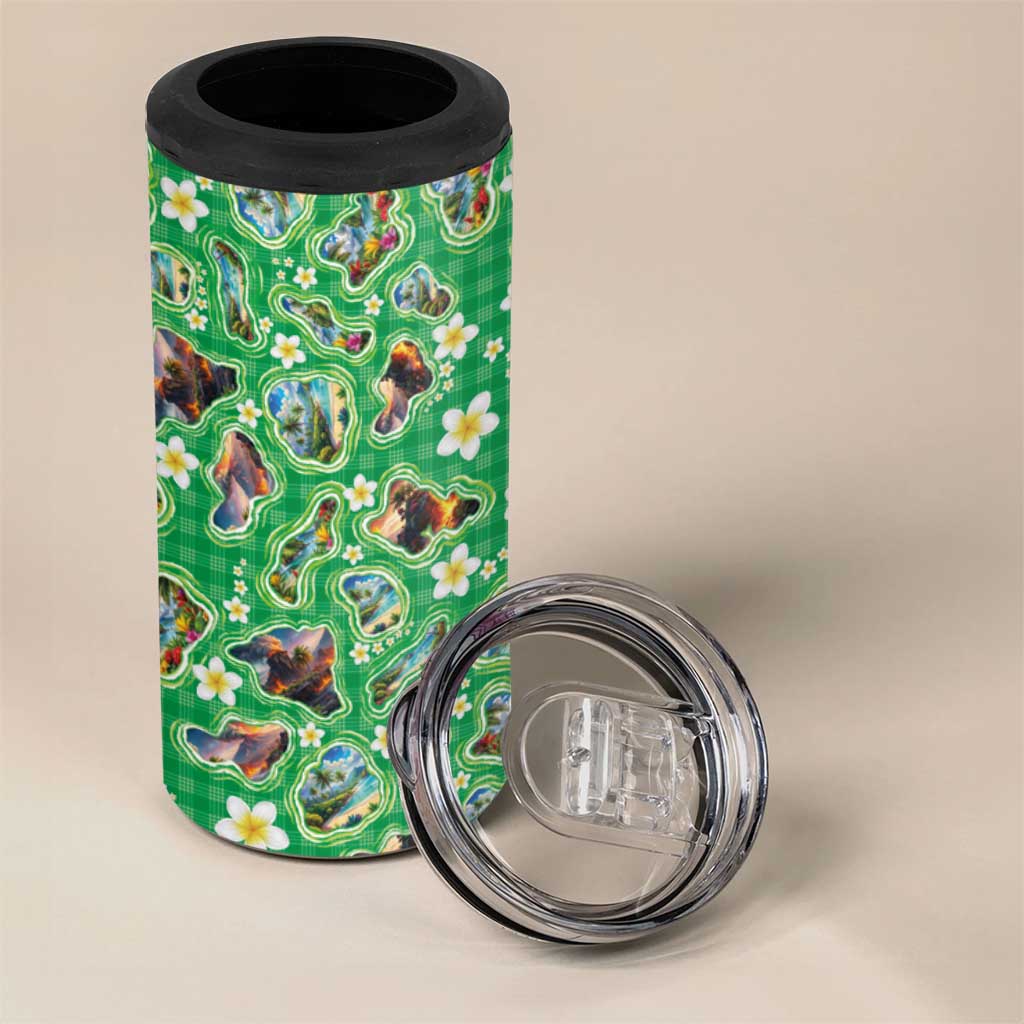 Hawaii Map with Plumeria Flower and Palaka Pattern 4 in 1 Can Cooler Tumbler Tropical Island Green Design