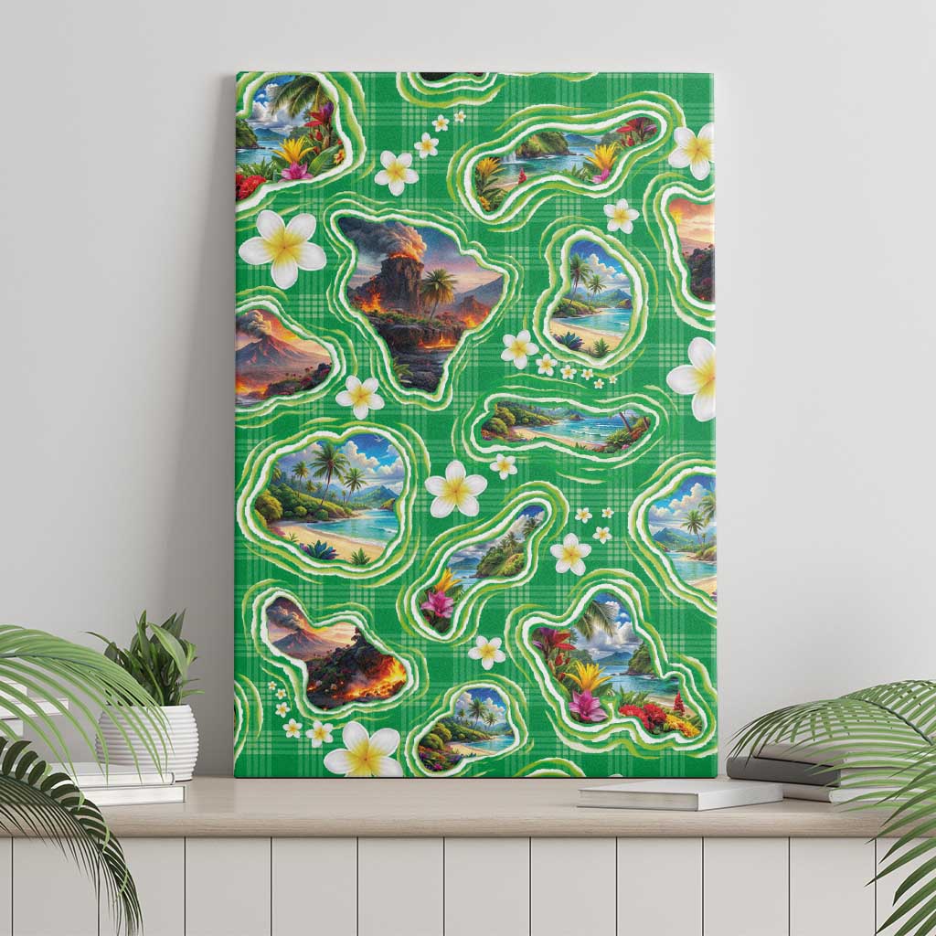 Hawaii Map with Plumeria Flower and Palaka Pattern Canvas Wall Art Tropical Island Green Design