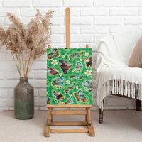 Hawaii Map with Plumeria Flower and Palaka Pattern Canvas Wall Art Tropical Island Green Design