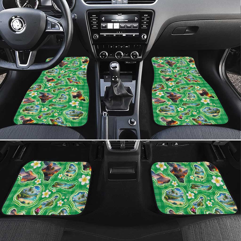 Hawaii Map with Plumeria Flower and Palaka Pattern Car Mats Tropical Island Green Design
