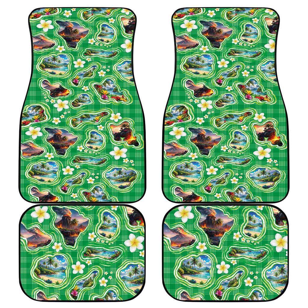 Hawaii Map with Plumeria Flower and Palaka Pattern Car Mats Tropical Island Green Design