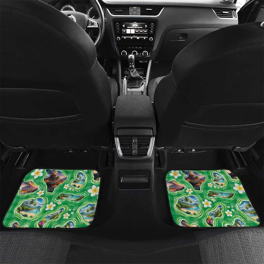 Hawaii Map with Plumeria Flower and Palaka Pattern Car Mats Tropical Island Green Design