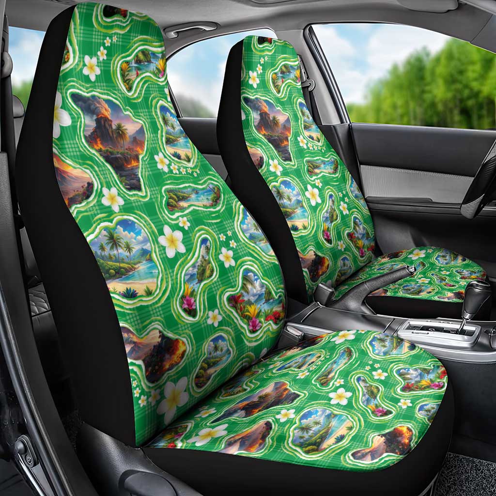 Hawaii Map with Plumeria Flower and Palaka Pattern Car Seat Cover Tropical Island Green Design