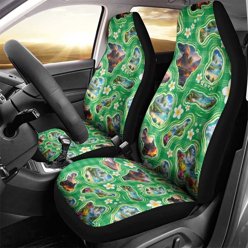 Hawaii Map with Plumeria Flower and Palaka Pattern Car Seat Cover Tropical Island Green Design