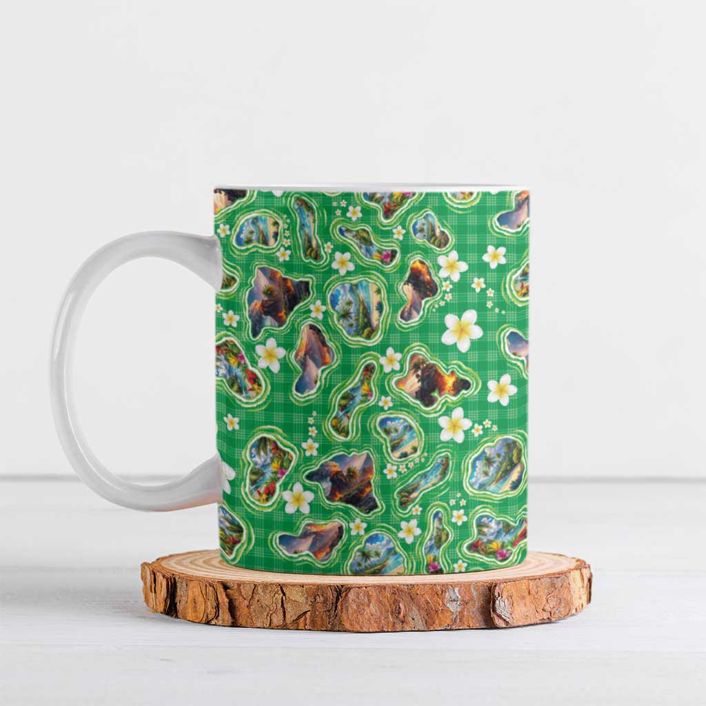 Hawaii Map with Plumeria Flower and Palaka Pattern Ceramic Mug Tropical Island Green Design