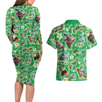 Hawaii Map with Plumeria Flower and Palaka Pattern Couples Matching Long Sleeve Bodycon Dress and Hawaiian Shirt Tropical Island Green Design LT03 - Polynesian Pride