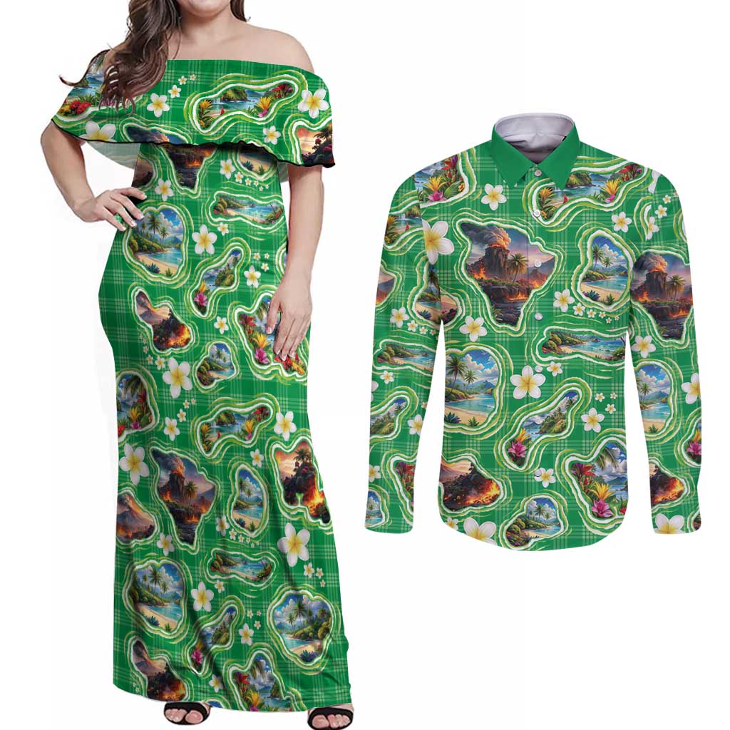 Hawaii Map with Plumeria Flower and Palaka Pattern Couples Matching Off Shoulder Maxi Dress and Long Sleeve Button Shirt Tropical Island Green Design LT03 Green - Polynesian Pride
