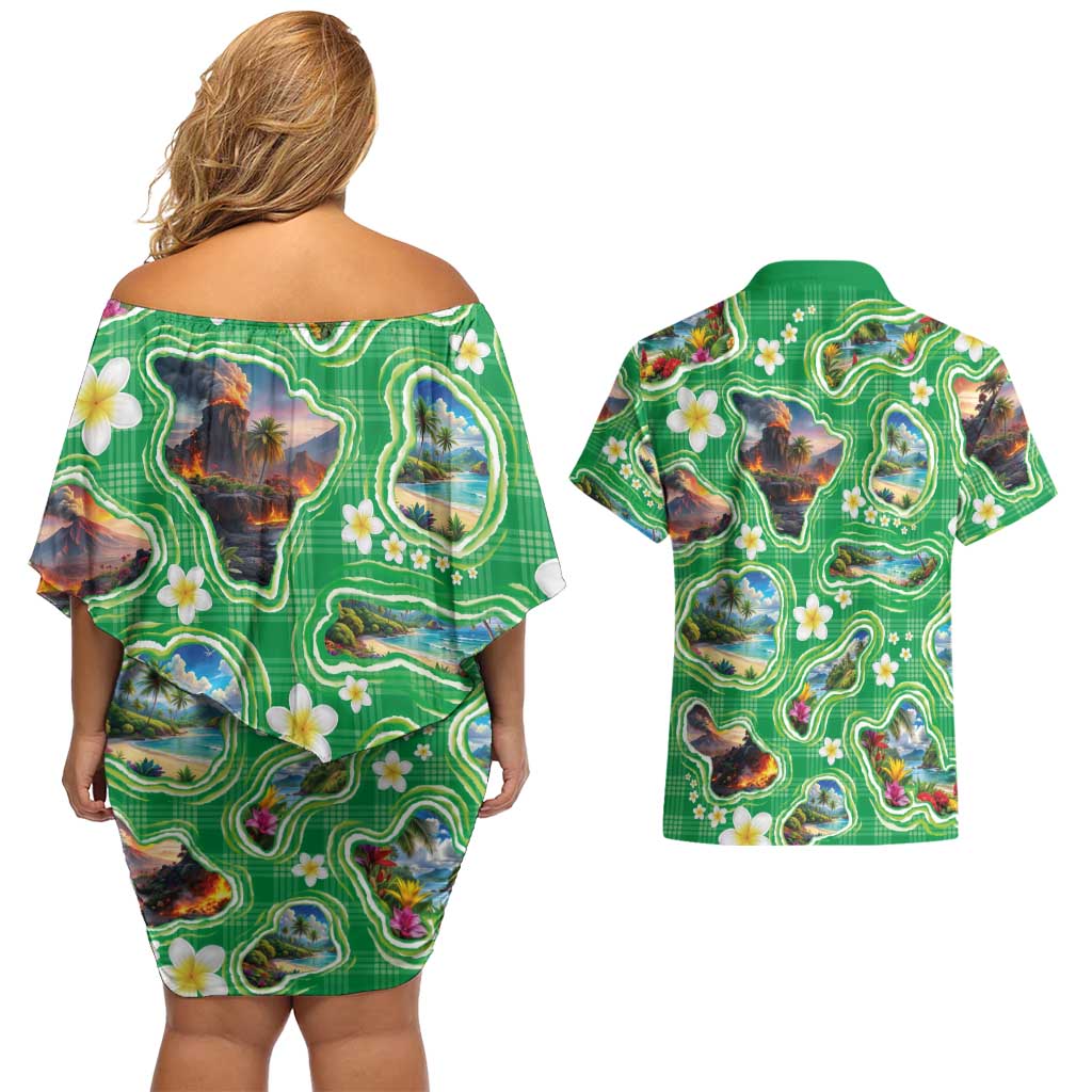 Hawaii Map with Plumeria Flower and Palaka Pattern Couples Matching Off Shoulder Short Dress and Hawaiian Shirt Tropical Island Green Design