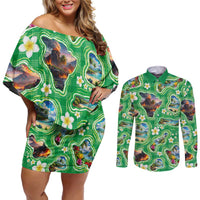 Hawaii Map with Plumeria Flower and Palaka Pattern Couples Matching Off Shoulder Short Dress and Long Sleeve Button Shirt Tropical Island Green Design