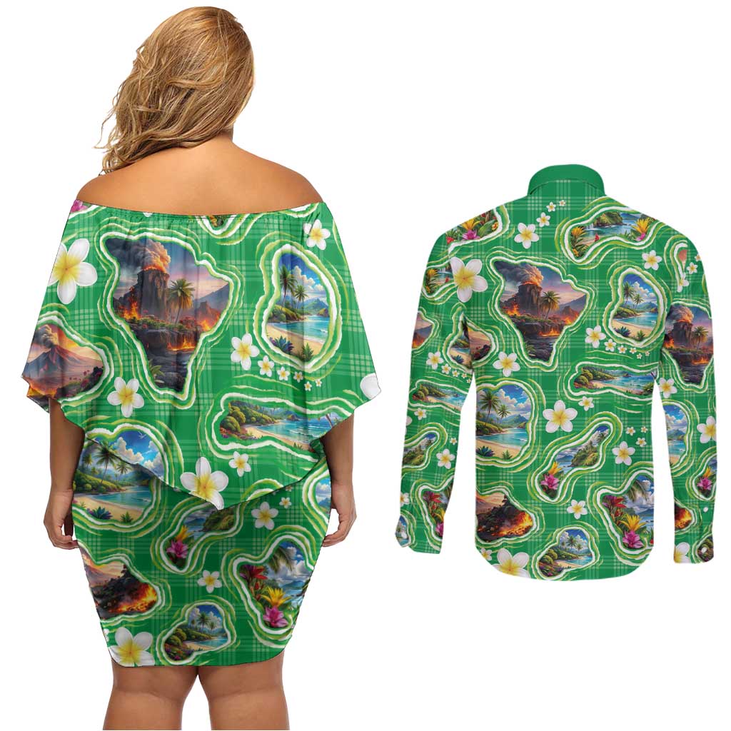 Hawaii Map with Plumeria Flower and Palaka Pattern Couples Matching Off Shoulder Short Dress and Long Sleeve Button Shirt Tropical Island Green Design