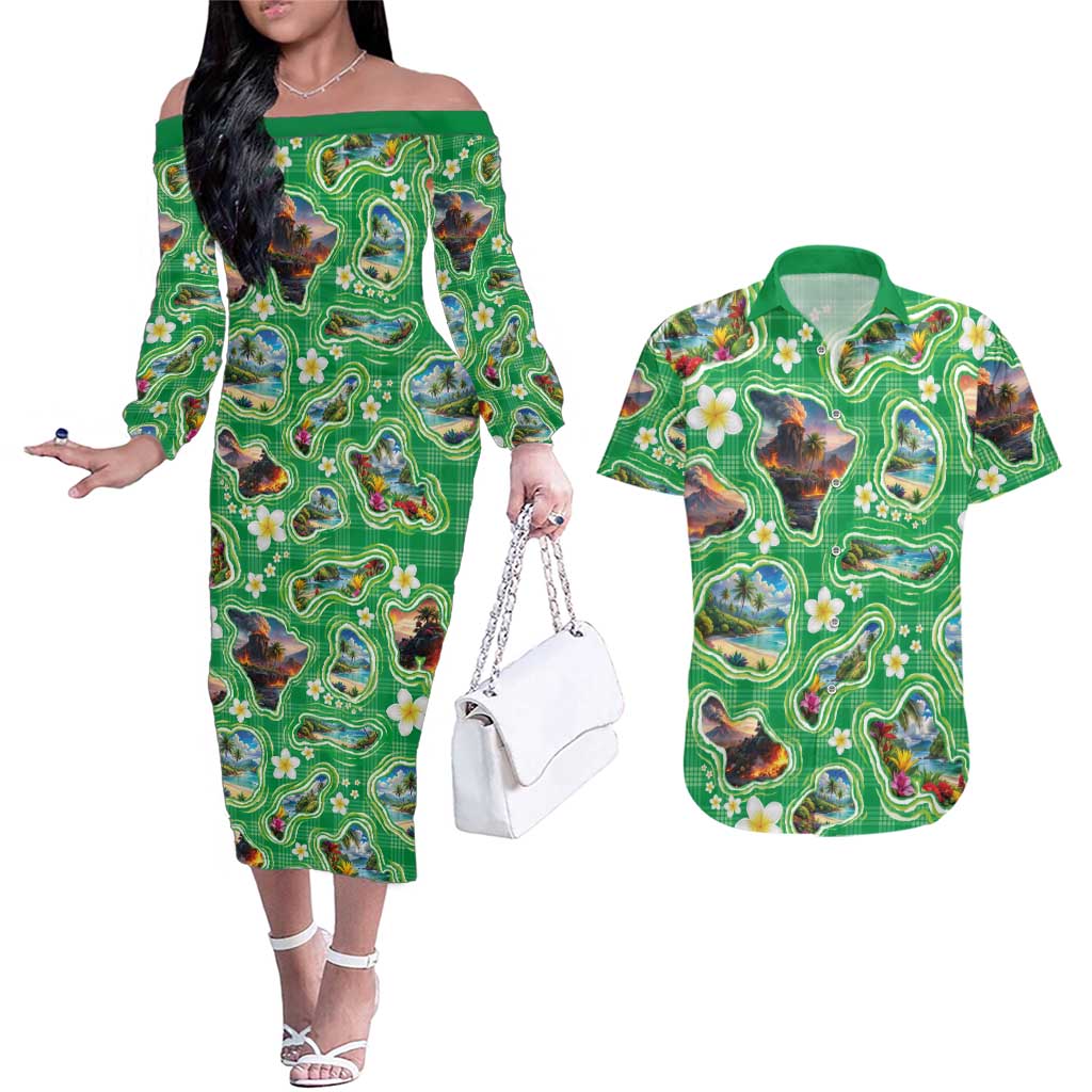 Hawaii Map with Plumeria Flower and Palaka Pattern Couples Matching Off The Shoulder Long Sleeve Dress and Hawaiian Shirt Tropical Island Green Design