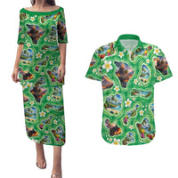 Hawaii Map with Plumeria Flower and Palaka Pattern Couples Matching Puletasi and Hawaiian Shirt Tropical Island Green Design LT03 Green - Polynesian Pride