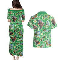 Hawaii Map with Plumeria Flower and Palaka Pattern Couples Matching Puletasi and Hawaiian Shirt Tropical Island Green Design LT03 - Polynesian Pride
