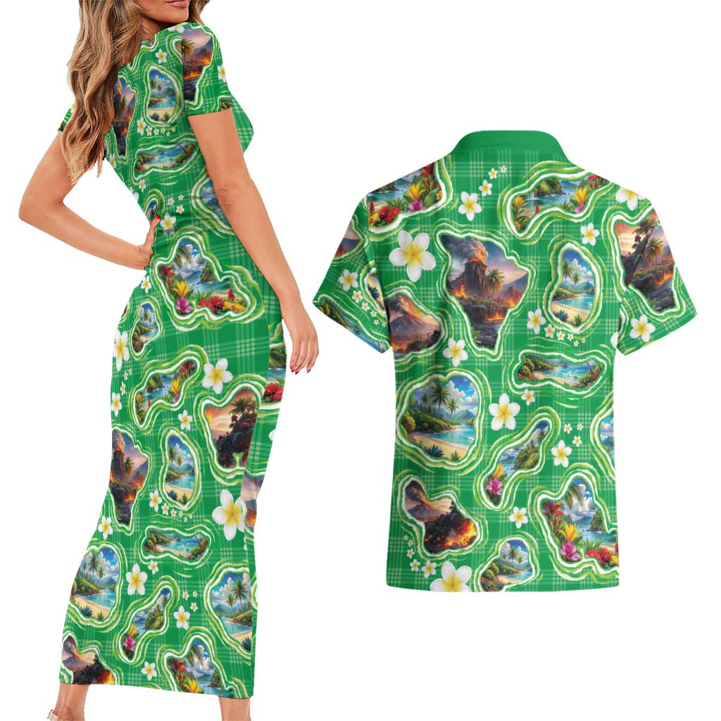 Hawaii Map with Plumeria Flower and Palaka Pattern Couples Matching Short Sleeve Bodycon Dress and Hawaiian Shirt Tropical Island Green Design LT03 - Polynesian Pride