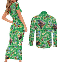 Hawaii Map with Plumeria Flower and Palaka Pattern Couples Matching Short Sleeve Bodycon Dress and Long Sleeve Button Shirt Tropical Island Green Design