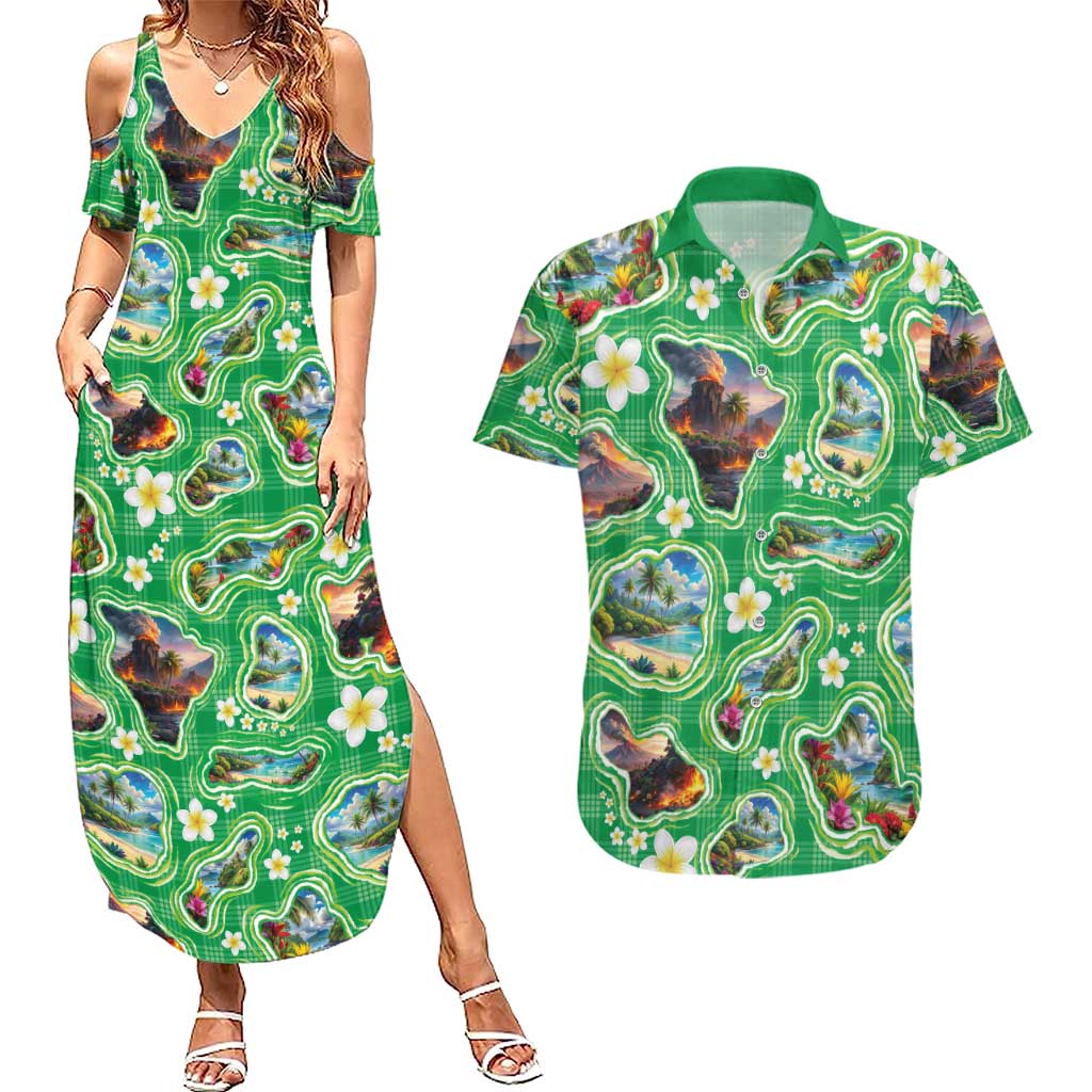 Hawaii Map with Plumeria Flower and Palaka Pattern Couples Matching Summer Maxi Dress and Hawaiian Shirt Tropical Island Green Design LT03 Green - Polynesian Pride