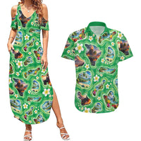 Hawaii Map with Plumeria Flower and Palaka Pattern Couples Matching Summer Maxi Dress and Hawaiian Shirt Tropical Island Green Design LT03 Green - Polynesian Pride