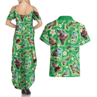 Hawaii Map with Plumeria Flower and Palaka Pattern Couples Matching Summer Maxi Dress and Hawaiian Shirt Tropical Island Green Design LT03 - Polynesian Pride