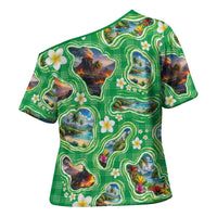 Hawaii Map with Plumeria Flower and Palaka Pattern Cross Shoulder Shirt Tropical Island Green Design
