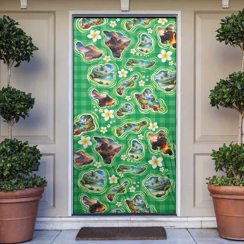 Hawaii Map with Plumeria Flower and Palaka Pattern Door Cover Tropical Island Green Design