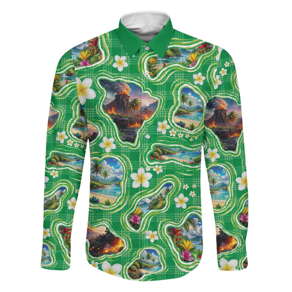 Hawaii Map with Plumeria Flower and Palaka Pattern Family Matching Long Sleeve Bodycon Dress and Hawaiian Shirt Tropical Island Green Design LT03 Dad's Shirt - Long Sleeve Green - Polynesian Pride