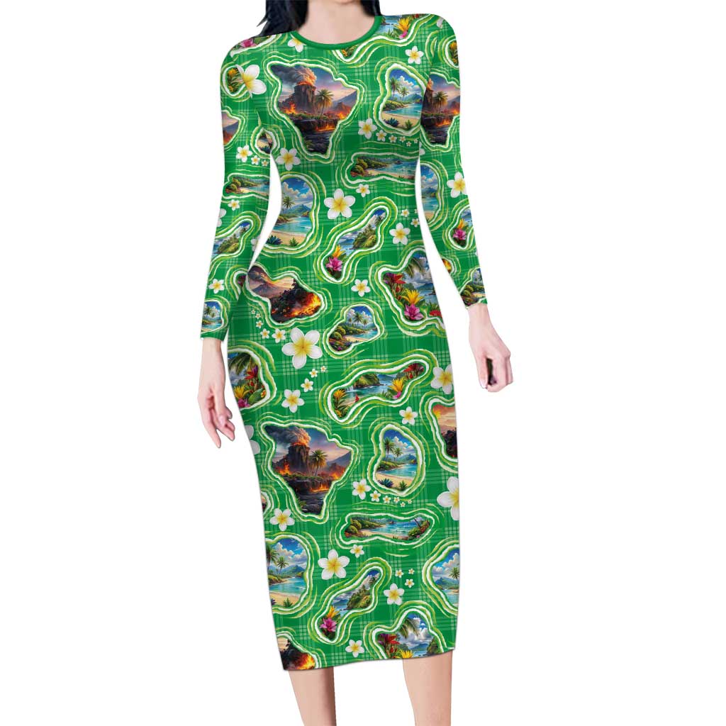 Hawaii Map with Plumeria Flower and Palaka Pattern Family Matching Long Sleeve Bodycon Dress and Hawaiian Shirt Tropical Island Green Design LT03 Mom's Dress Green - Polynesian Pride